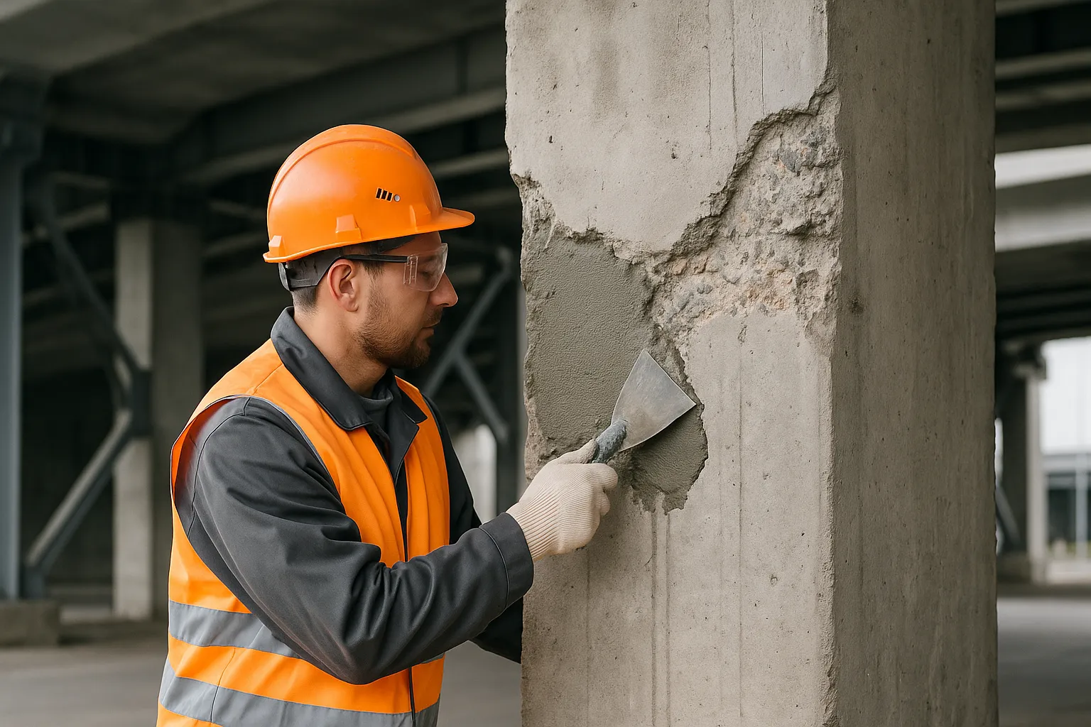 betonsanierung-bruecke-fse Facharbeiter saniert beschädigte Betonsäule unter Brückenkonstruktion mit Spachtelmasse
