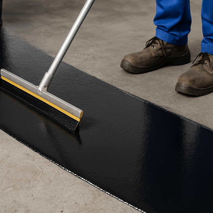 Arbeiter trägt Bitumenbeschichtung mit Gummischieber auf Betonboden auf