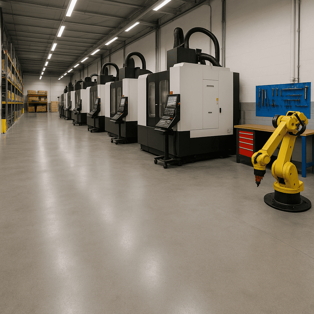 Industrieboden im Produktionsbereich mit CNC-Maschinen, Industrieroboter und sauberer, fugenloser Betonfläche in moderner Werkhalle