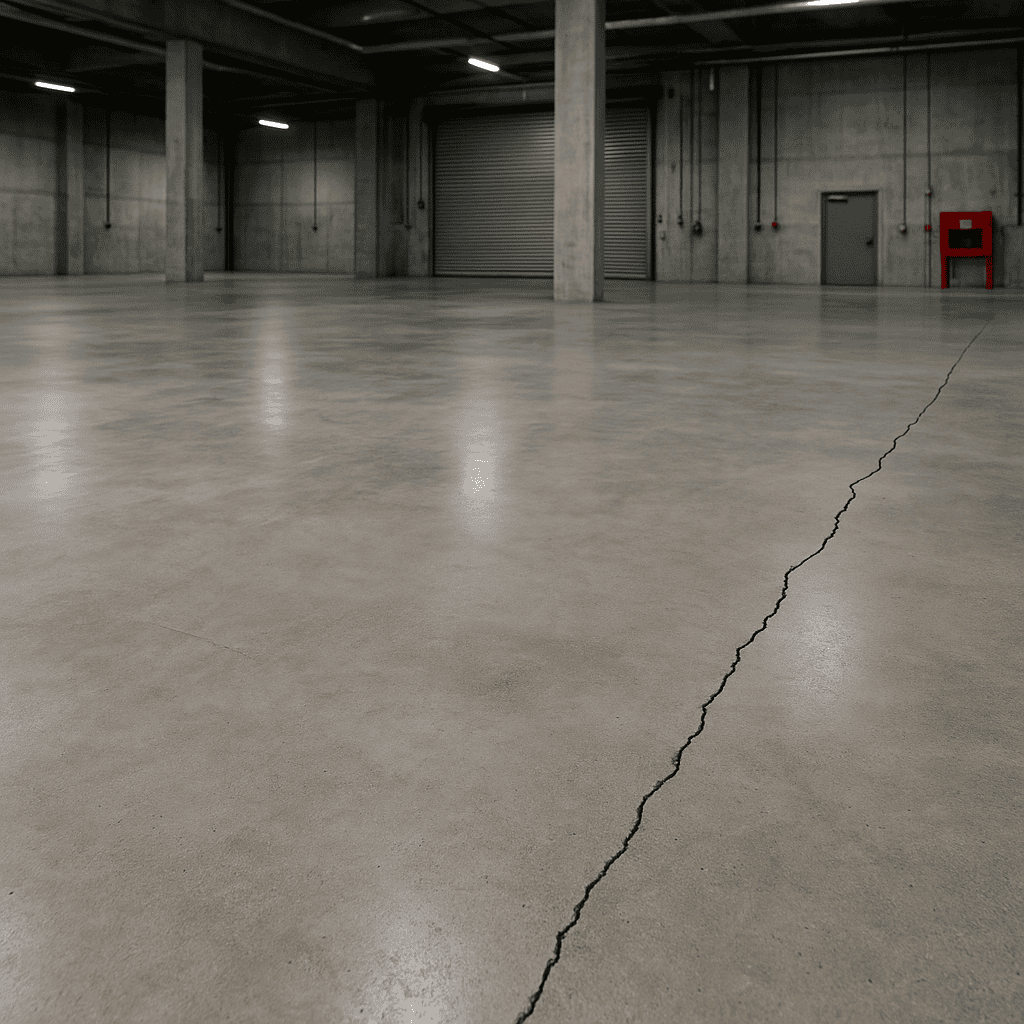 Realistische Darstellung eines widerstandsfähigen Industriebodens mit fugenloser, mineralischer Oberfläche in einer modernen Industriehalle