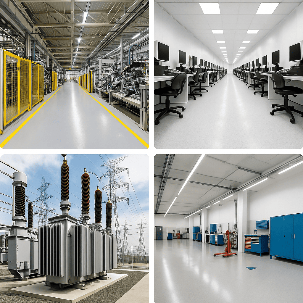 Vier Einsatzbereiche mit elektrisch ableitfähiger Bodenbeschichtung: Industriehalle, Reinraum, Umspannwerk und Werkstatt