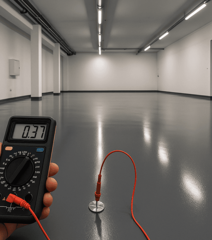 Elektrisch ableitfähiger Boden mit Messgerät in heller Industriehalle mit grauem Epoxidharzboden