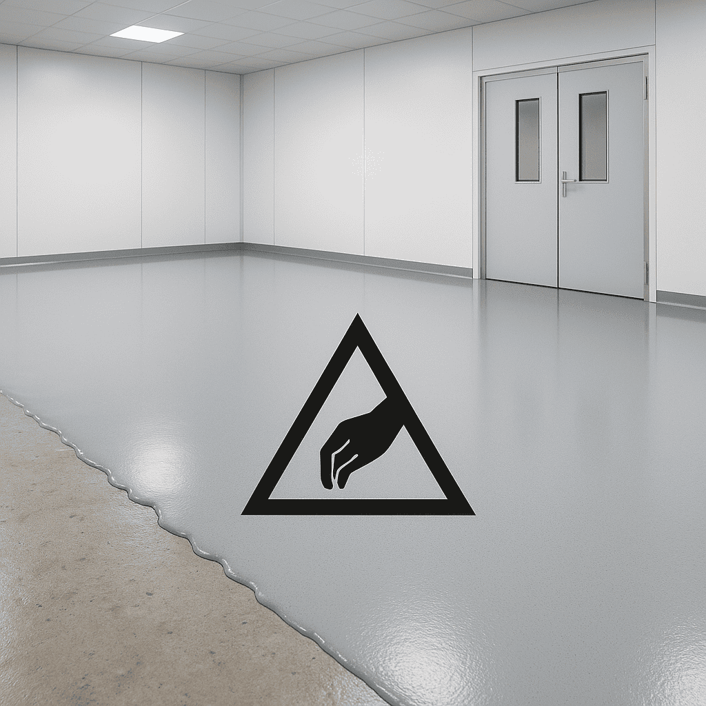 Elektrisch ableitfähiger Bodenbelag mit ESD-Symbol in hellem Raum mit doppelten Türen