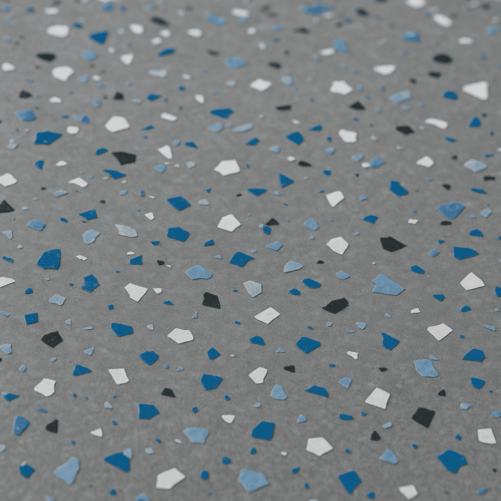 Nahaufnahme einer glatten Epoxidoberfläche mit blauen, weißen und schwarzen Chips – dekorativ und hygienisch