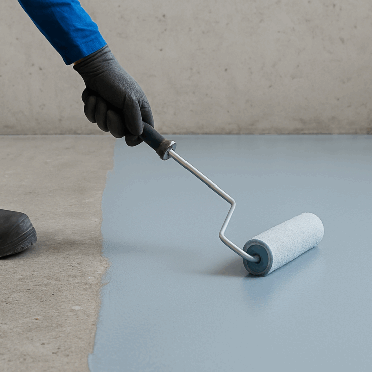 Handwerker trägt wasserverdünnbare Epoxidbeschichtung mit Farbrolle auf Betonboden auf