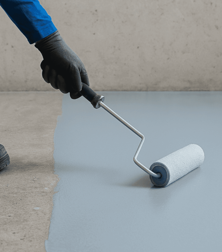 Handwerker trägt wasserverdünnbare Epoxidbeschichtung mit Farbrolle auf Betonboden auf