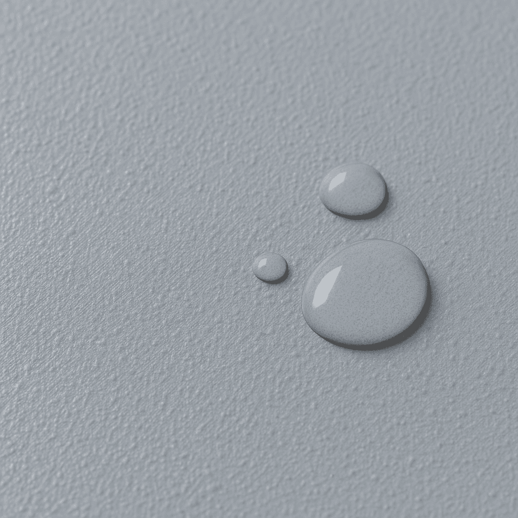 Wasserperlen auf glatter, diffusionsfähiger Epoxidoberfläche in Graublau mit feiner Struktur