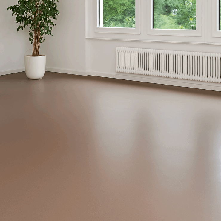 Emissionsarmer Epoxidharzboden in einem hellen Wohnraum mit großen Fenstern und Zimmerpflanze