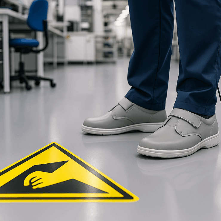 ESD-sicherer Boden mit antistatischen Schuhen und ESD-Warnsymbol in Elektronikfertigung