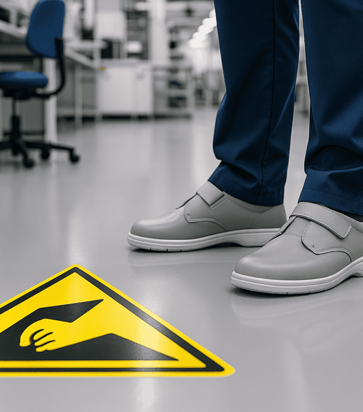 ESD-sicherer Boden mit antistatischen Schuhen und ESD-Warnsymbol in Elektronikfertigung
