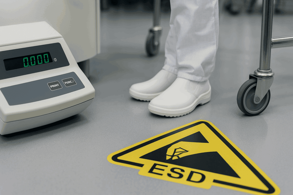 ESD-Boden mit Schutzschuhen, Laborwaage und ESD-Warnsymbol in elektronischer Fertigungsumgebung