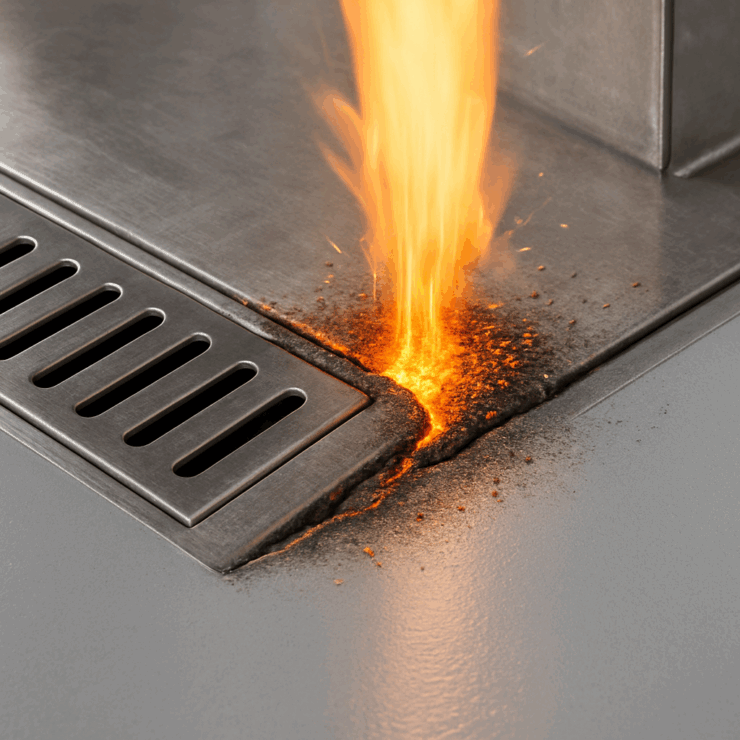 Graue Hochleistungsbeschichtung mit Flammenaustritt an Metallkante, hitzebeständig bis 130 °C