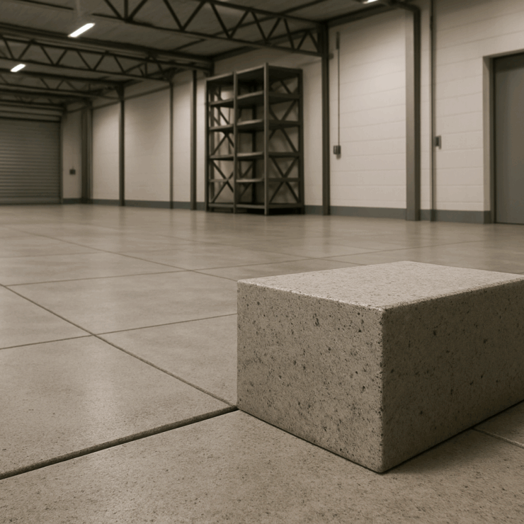 Hochfester Industriebelag auf Hartbetonbasis in moderner Lagerhalle mit fugenloser Ausführung.