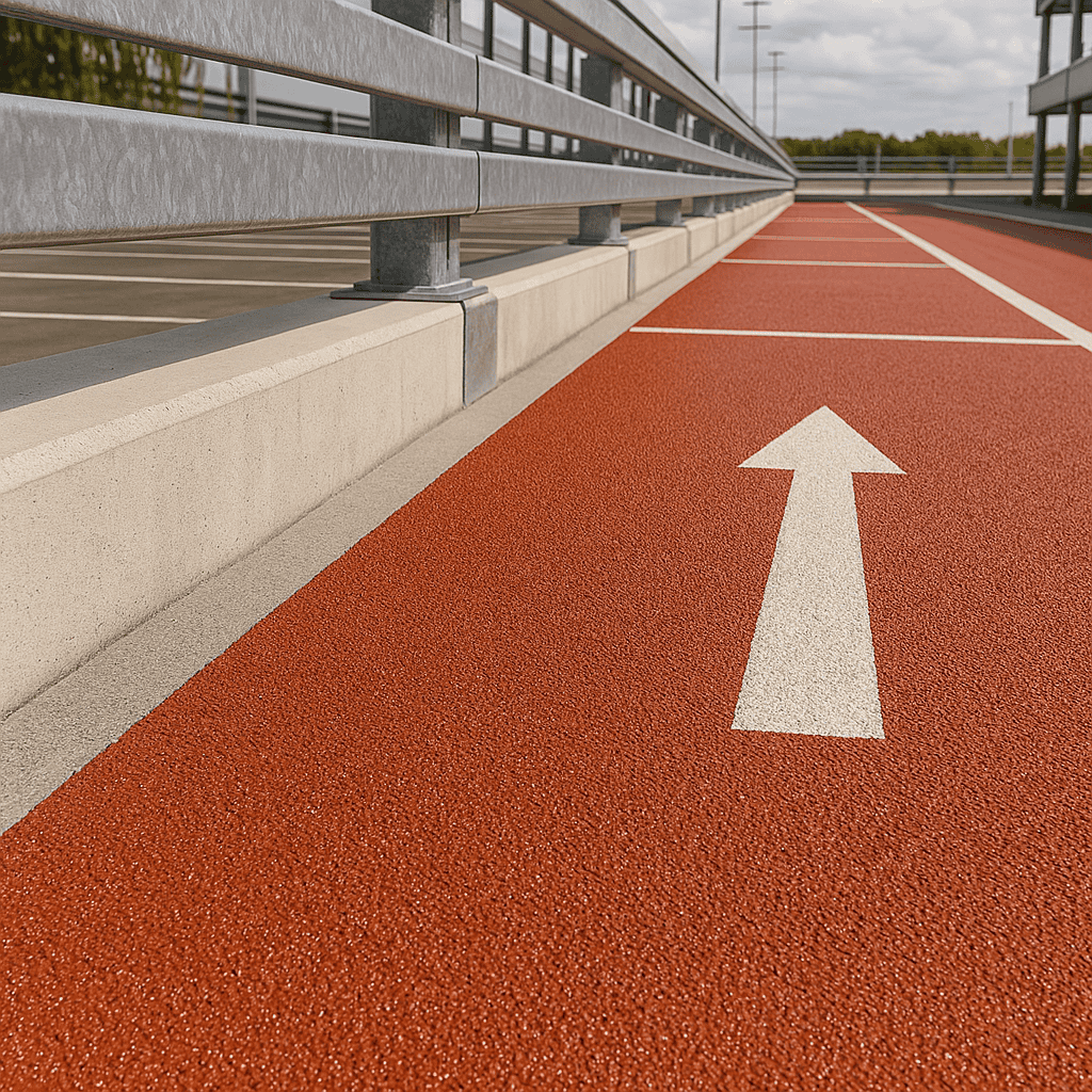 Oberes Parkdeck mit rutschfester Epoxidharzbeschichtung und Richtungspfeil auf der roten Fahrbahn