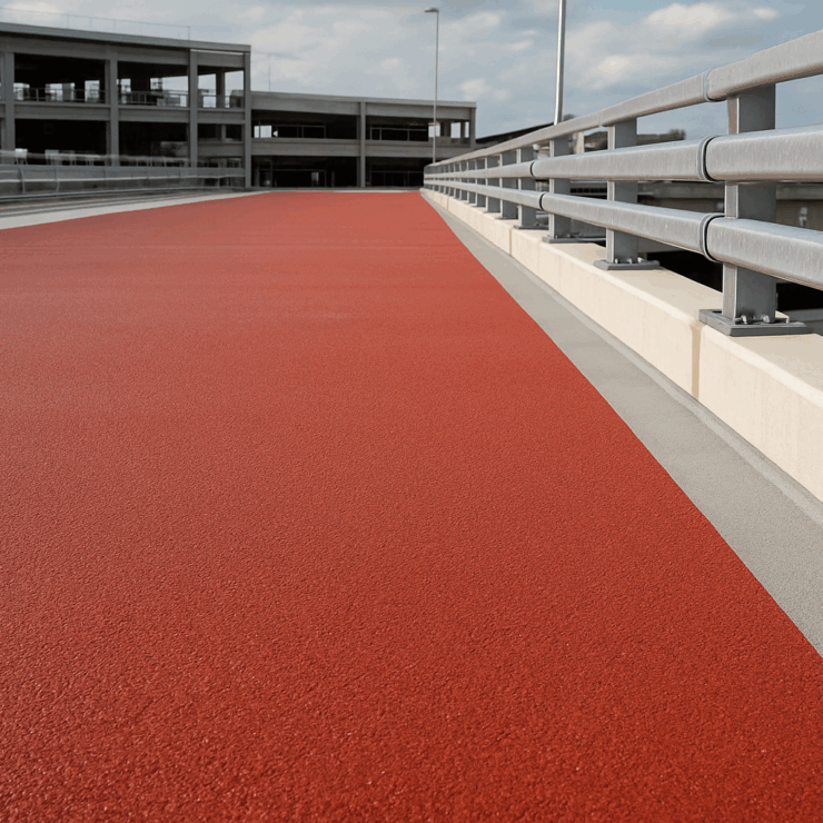 Parkdeck mit rutschfester, rissüberbrückender Epoxidharz-Beschichtung in Rot mit seitlichen Geländern