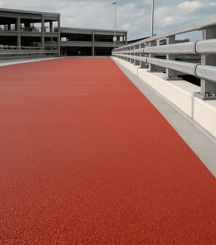 Parkdeck mit rutschfester, rissüberbrückender Epoxidharz-Beschichtung in Rot mit seitlichen Geländern