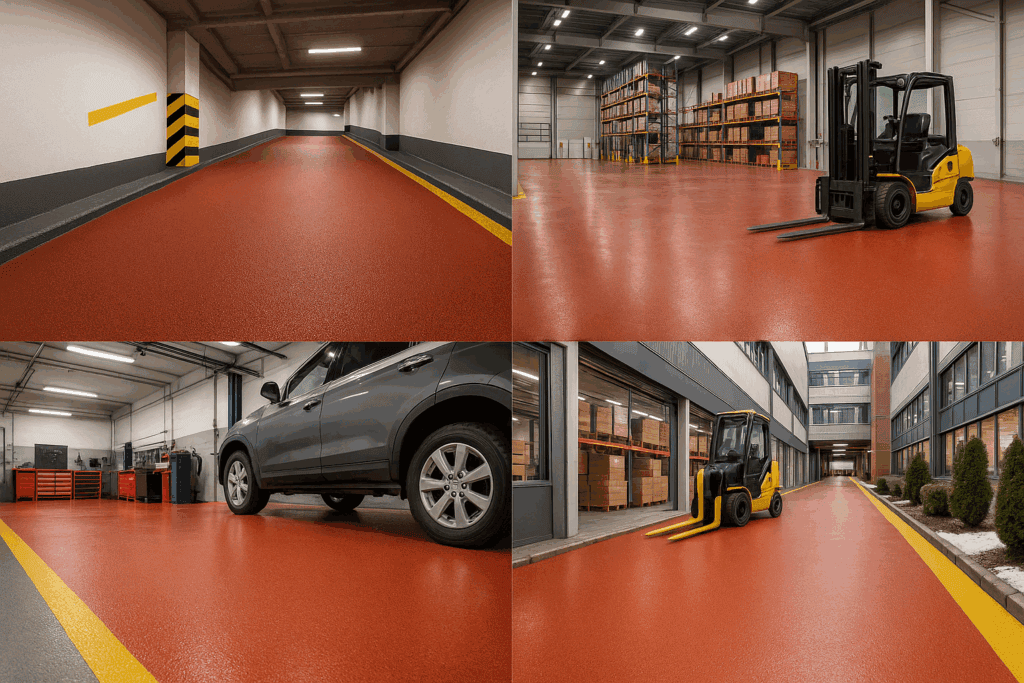 Einsatzbereiche mit roter Epoxidharzbeschichtung: Parkhausrampe, Lagerhalle, Autowerkstatt und Außenfläche vor einem Industriegebäude