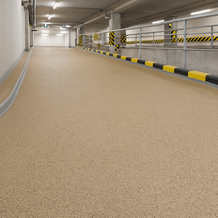 Parkhausrampe mit beiger, rutschfester Epoxidharzbeschichtung und gelb-schwarzen Schutzmarkierungen
