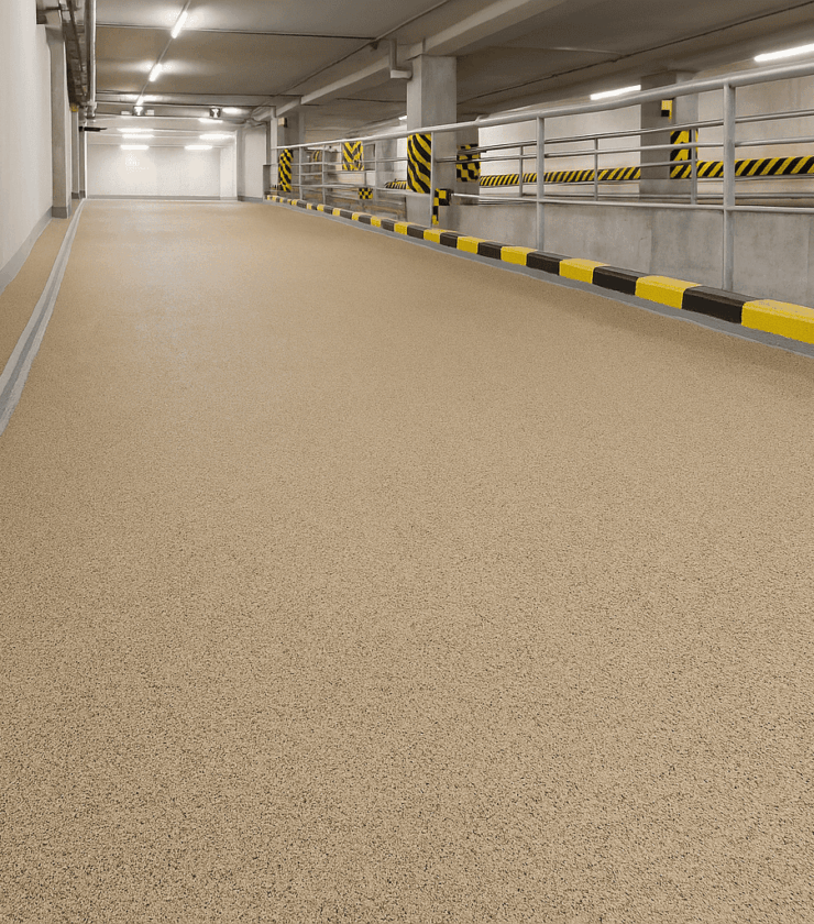 Parkhausrampe mit beiger, rutschfester Epoxidharzbeschichtung und gelb-schwarzen Schutzmarkierungen
