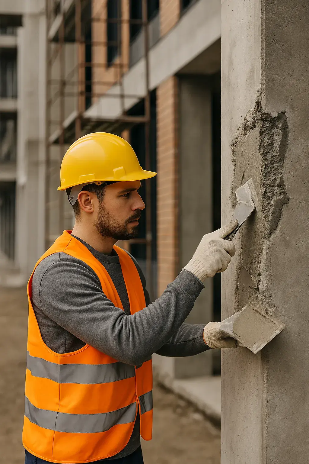 Bauarbeiter trägt Spachtelmasse auf beschädigte Betonsäule auf, im Hintergrund Baustelle mit Gerüst
