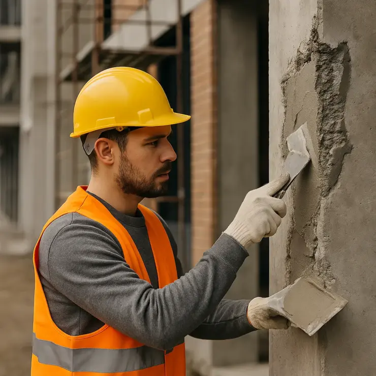 Bauarbeiter trägt Spachtelmasse auf beschädigte Betonsäule auf, im Hintergrund Baustelle mit Gerüst