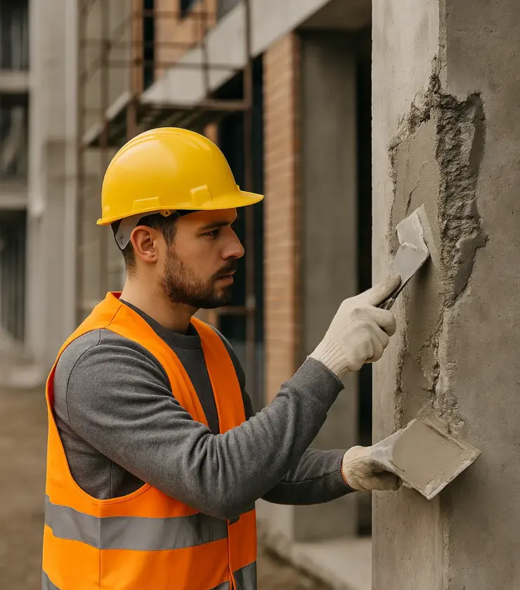 Bauarbeiter trägt Spachtelmasse auf beschädigte Betonsäule auf, im Hintergrund Baustelle mit Gerüst