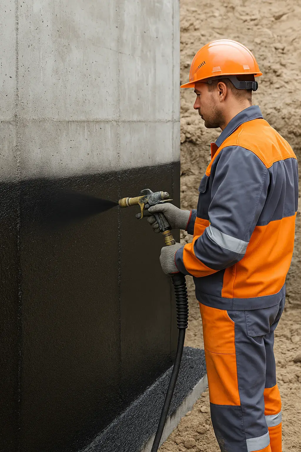 Bauarbeiter trägt schwarze Spritzfolie (PMBC) auf Betonwand zur Bauwerksabdichtung auf