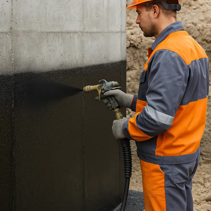Bauarbeiter trägt schwarze Spritzfolie (PMBC) auf Betonwand zur Bauwerksabdichtung auf