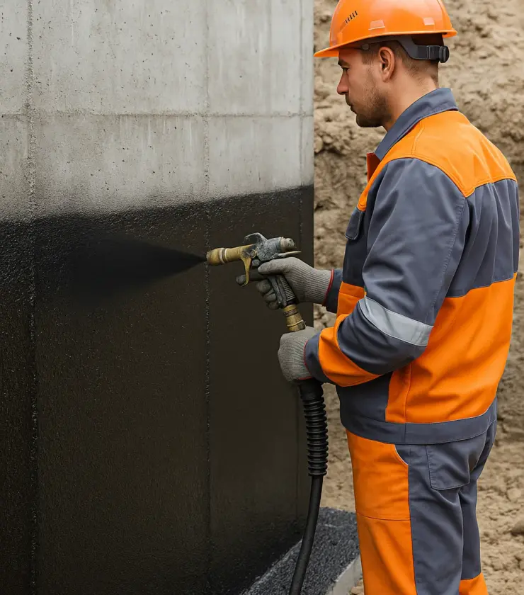 Bauarbeiter trägt schwarze Spritzfolie (PMBC) auf Betonwand zur Bauwerksabdichtung auf