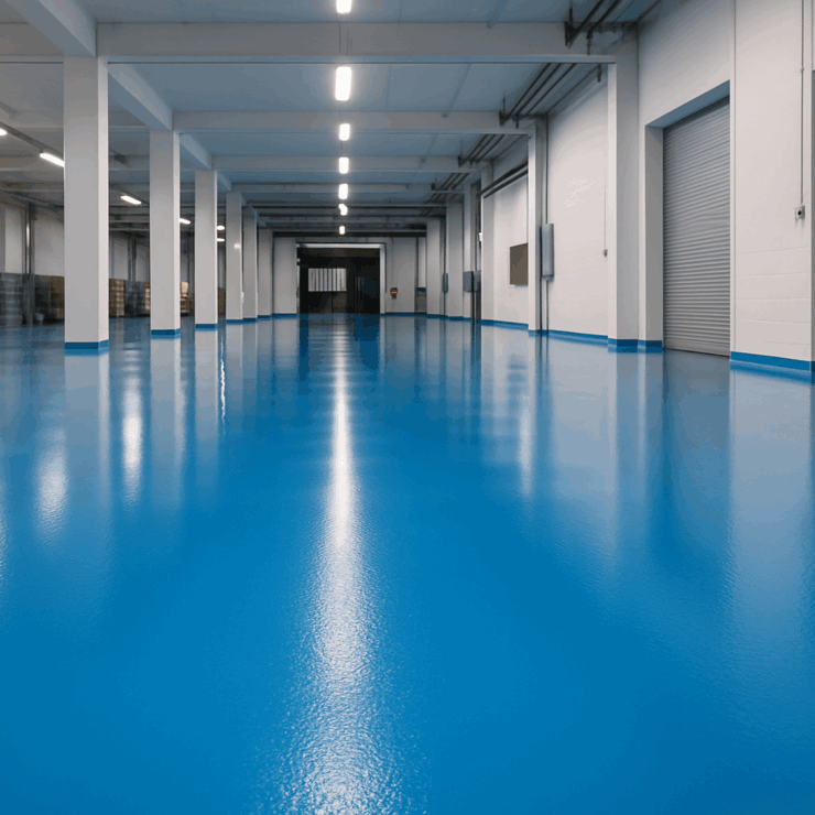Glänzende blaue Epoxidharzbeschichtung in einem hellen Industrie-Lagerbereich mit weißen Säulen