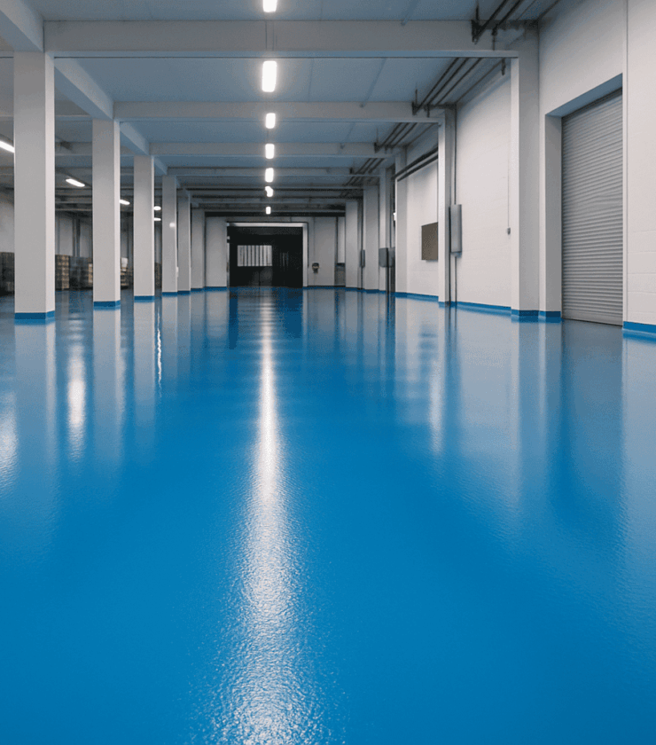 Glänzende blaue Epoxidharzbeschichtung in einem hellen Industrie-Lagerbereich mit weißen Säulen