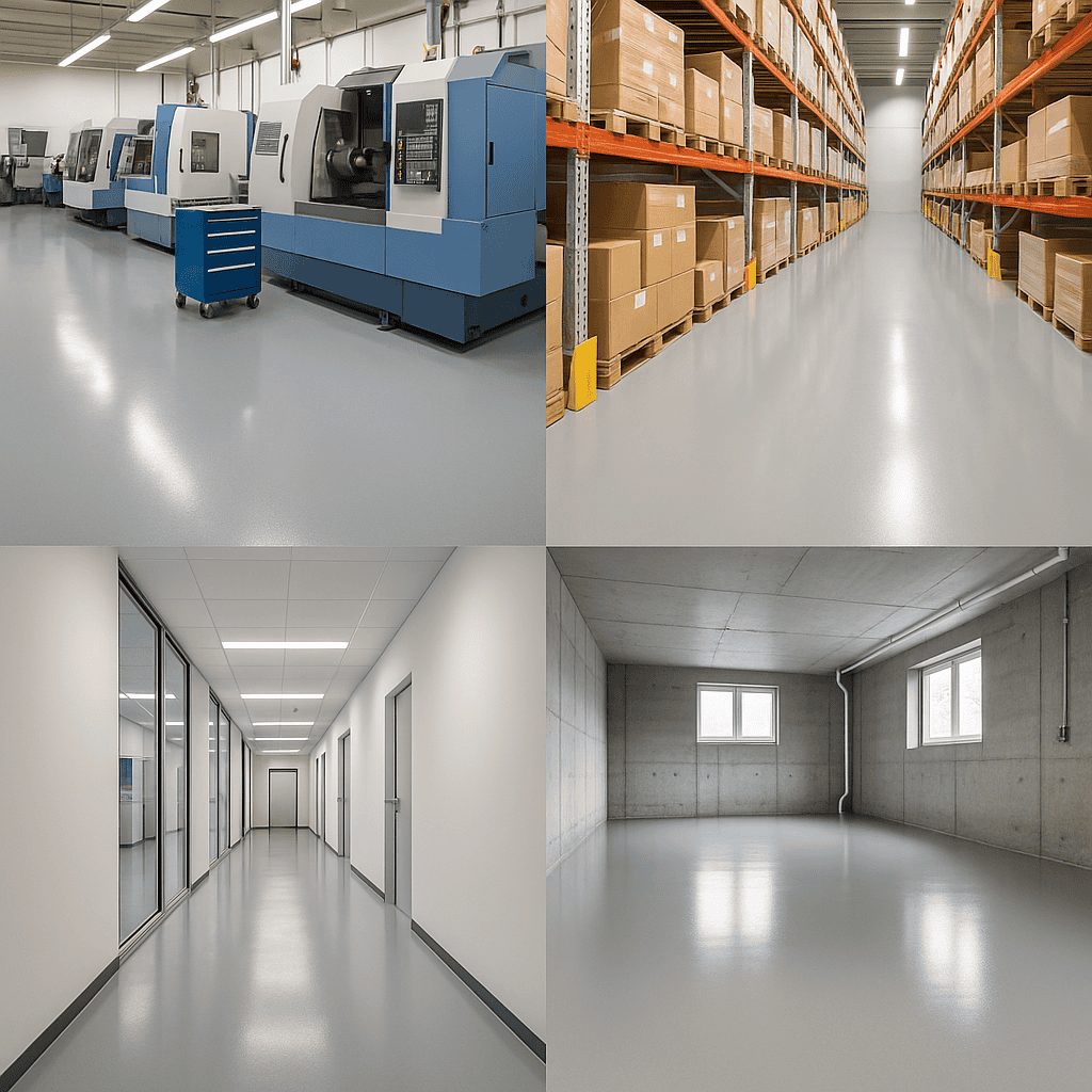 Industriewerkstatt, Lagerhalle, Flur und Kellerraum mit glatter grauer Epoxidharzbeschichtung