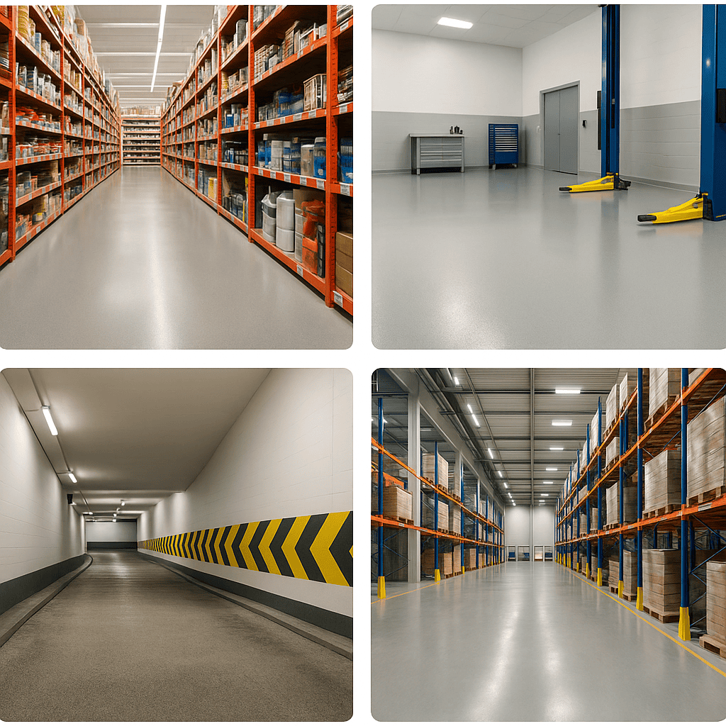 Werkstatt, Lager, Flur und Rampe mit versiegelter, strapazierfähiger Bodenoberfläche
